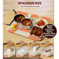 Certainly! Here’s a revised sentence using the provided product data: The Electric Food Warming Mat functions as a spacious warming tray, accommodating various types of cookware—including a frying pan, ceramic bowl, plastic container, glass dish, metal pot, and aluminum tray (as well as food-grade silicone)—with each item clearly labeled by material. Featuring rapid heating performance, the mat also conveniently displays items such as facial masks and milk beneath it, alongside their corresponding