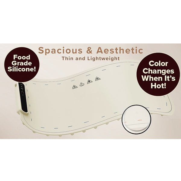 A spacious, slim, and lightweight tray made from food-grade silicone features color-changing technology to indicate heat and emphasizes its safe material. Engineered for perfect compatibility with the Electric Food Warming Mat for fast heating, circular graphics highlight these advanced features.