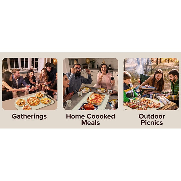 Here are three images: people at a table enjoying a gathering with delicious dishes kept warm by the Electric Food Warming Mat; a family savoring home-cooked meals in the kitchen, experiencing rapid heating and fresh flavors with the Electric Food Warming Mat; and a group sharing food at an outdoor picnic, their meals placed on food-grade silicone mats—all smiling and celebrating together.