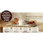 A counter displays a tray with food, drinks, and dishes. Text reads: Perfect for Home, Gatherings, Holidays, Parties & RVs! Maintain the perfect meal temperature with the Electric Food Warming Mat—crafted from food-grade silicone for safe and fast heating. Icons below state: Professional Results, Efficiency, Guest Satisfaction, Versatility.