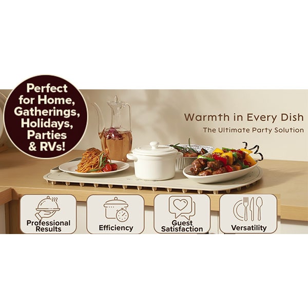 A counter displays a tray with food, drinks, and dishes. Text reads: Perfect for Home, Gatherings, Holidays, Parties & RVs! Maintain the perfect meal temperature with the Electric Food Warming Mat—crafted from food-grade silicone for safe and fast heating. Icons below state: Professional Results, Efficiency, Guest Satisfaction, Versatility.