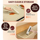 A person wipes a spill off the Electric Food Warming Mat, while another stores the rolled-up mat in a drawer. The text highlights that the Electric Food Warming Mat is waterproof, crafted from food-grade silicone, easy to clean, and can be rolled up for compact storage.