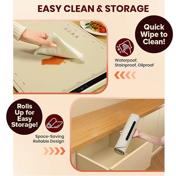 A person wipes a spill off the Electric Food Warming Mat, while another stores the rolled-up mat in a drawer. The text highlights that the Electric Food Warming Mat is waterproof, crafted from food-grade silicone, easy to clean, and can be rolled up for compact storage.