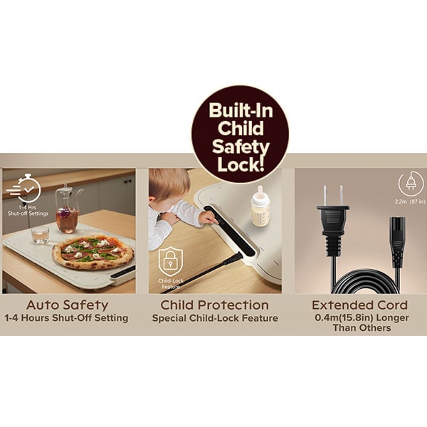 Image highlighting the Electric Food Warming Mat’s three main features: rapid heating for quick and efficient warming, an adjustable auto safety shut-off timer (1–4 hours), and a built-in child safety lock for added protection. The mat also comes with a 4.0m (15.8in) extended cord, and is crafted from food-grade silicone for safe use.