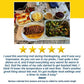 A hearty meal featuring sliced roast beef, bread rolls, Brussels sprouts, mashed potatoes, and cranberry sauce is arranged atop the Electric Food Warming Mat. Crafted from food-grade silicone, this mat offers safe and efficient heating to keep every dish at the ideal temperature. A five-star customer review with a glowing testimonial is displayed beneath the mat, adding a welcoming touch to the scene.
