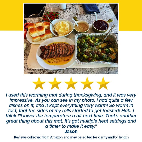 A hearty meal featuring sliced roast beef, bread rolls, Brussels sprouts, mashed potatoes, and cranberry sauce is arranged atop the Electric Food Warming Mat. Crafted from food-grade silicone, this mat offers safe and efficient heating to keep every dish at the ideal temperature. A five-star customer review with a glowing testimonial is displayed beneath the mat, adding a welcoming touch to the scene.