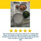 Overhead view of the Electric Food Warming Mat in white, crafted from food-grade silicone, warming three metal bowls of food, a small bowl of nuts, and a foil-covered plate; a five-star customer review is displayed below.