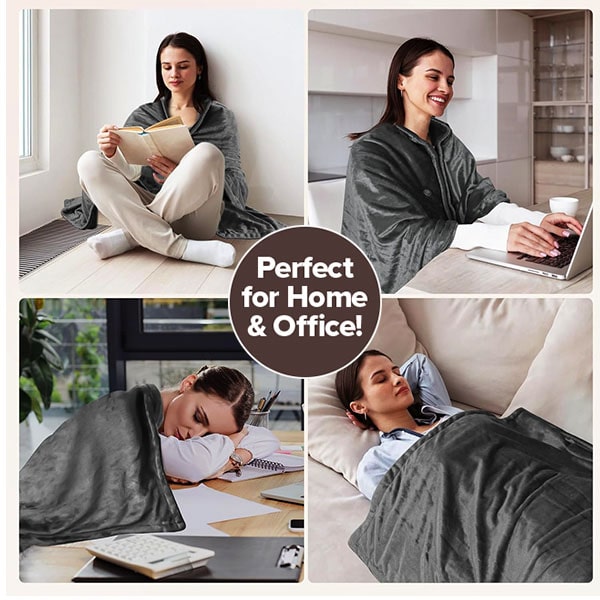 A collage of four photos showing a person using a gray Electric Heated Shawl while reading, working on a laptop, napping at a desk, and resting on a sofa, with text in the center reading Perfect for Home & Office!.