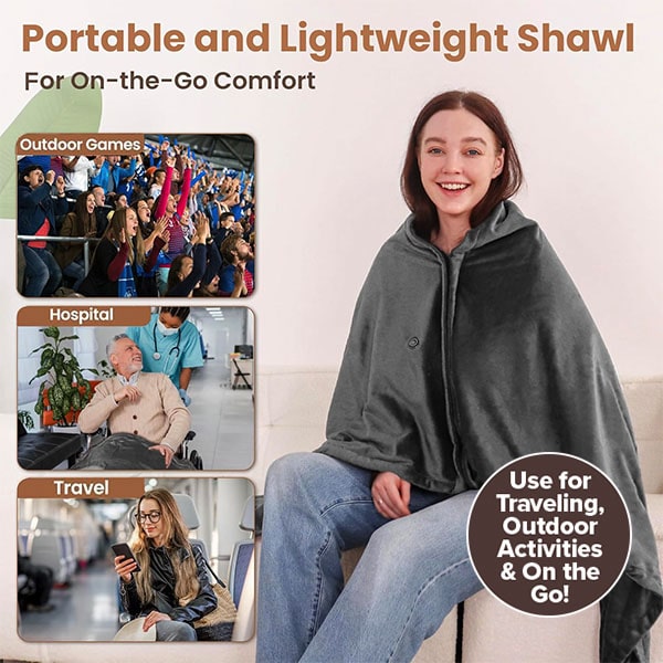 A person wearing a grey Electric Heated Shawl, with inset images showing the product used at an outdoor stadium, a hospital, and while traveling.