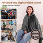 A person wearing a grey Electric Heated Shawl, with inset images showing the product used at an outdoor stadium, a hospital, and while traveling.