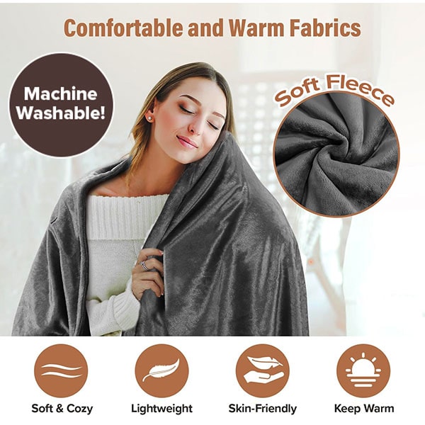 A woman wraps herself in a dark gray Electric Heated Shawl, with text labels highlighting its machine-washable, soft fleece fabric and icons indicating it is lightweight, skin-friendly, and warm.