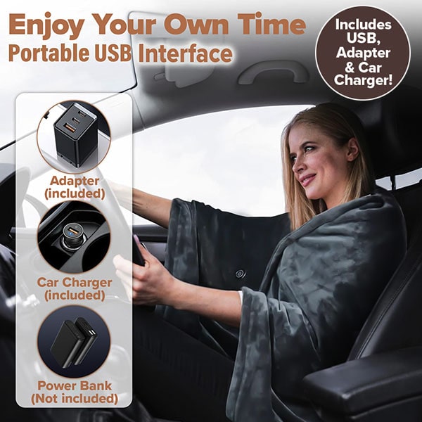 A woman sits in a car seat wearing a dark grey Electric Heated Shawl, with circular insets showing an included wall adapter, a car charger, and a power bank labeled as not included.