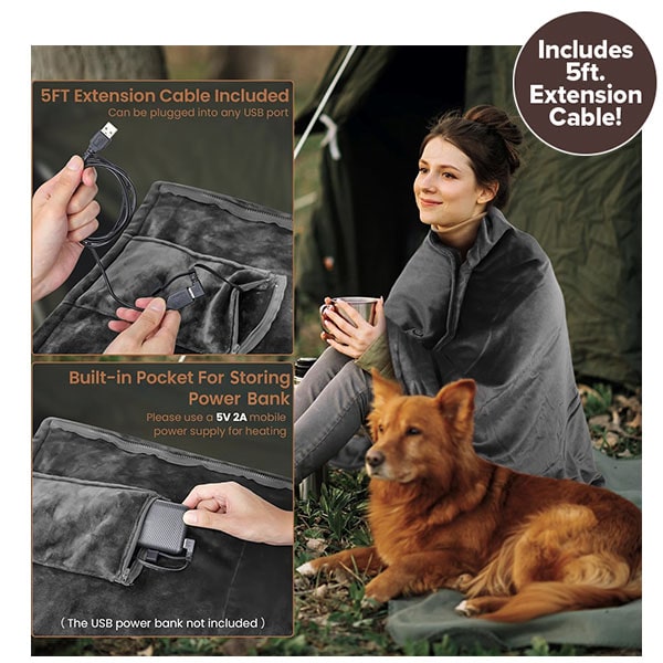 A woman wrapped in a grey Electric Heated Shawl sits by a tent with her dog, with insets showing the 5-foot extension cable and the built-in pocket for a power bank.