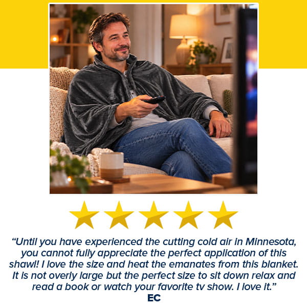 A man sits on a sofa wearing a gray Electric Heated Shawl and holding a remote control, accompanied by a five-star rating and a customer review.