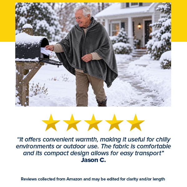 An elderly man wearing a gray Electric Heated Shawl puts mail into a curbside mailbox in a snowy yard.