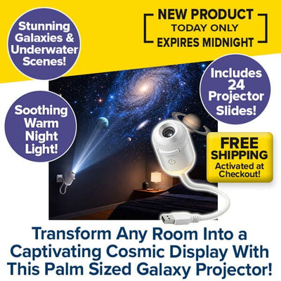 Transform your bedroom with the palm-sized Galaxy Projector Night Light, projecting captivating galaxy scenes onto your wall. Enjoy free shipping, 24 interchangeable projector slides, and a calming night-light effect. Hurry—offer ends at midnight!.