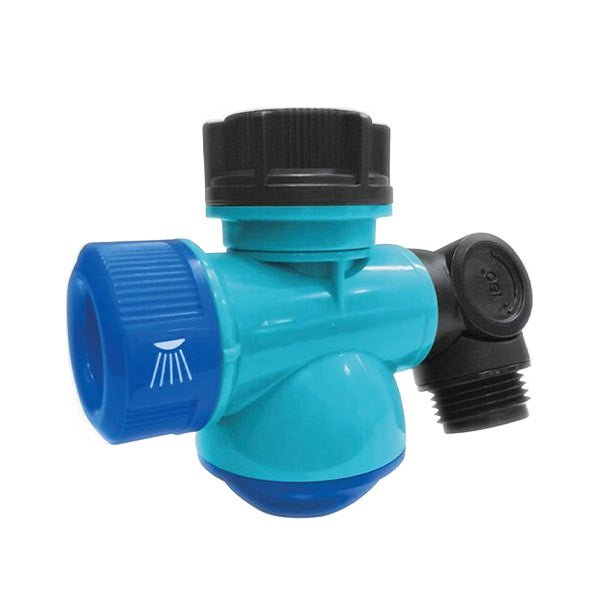 A close-up of the Garden Hose Faucet Connector With Tap, a blue and black connector with threaded ends, adjustable spray control knob, and 360° rotating tap for flexible hose or faucet attachment.