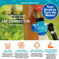 The Garden Hose Faucet Connector With Tap features a blue and black attachment for brass spigots, adjustable water settings, a 360° rotating tap, and is compatible with standard hoses.