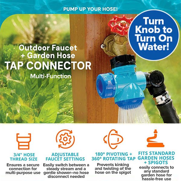 The Garden Hose Faucet Connector With Tap features a blue and black attachment for brass spigots, adjustable water settings, a 360° rotating tap, and is compatible with standard hoses.