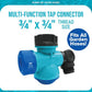 The Garden Hose Faucet Connector With Tap features a blue multi-function design with black threaded caps, a side valve, adjustable water settings, and 3/4 x 3/4 thread size. Labeled “Fits All Garden Hoses” on a white background with blue border.