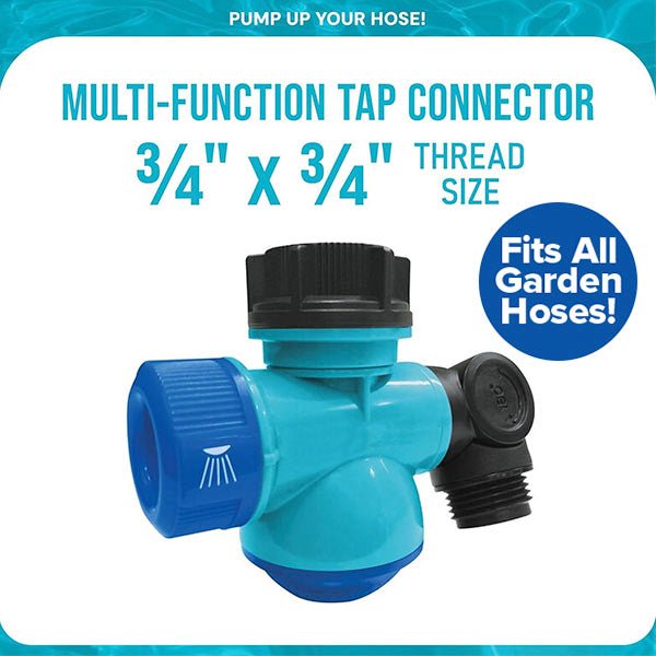 The Garden Hose Faucet Connector With Tap features a blue multi-function design with black threaded caps, a side valve, adjustable water settings, and 3/4 x 3/4 thread size. Labeled “Fits All Garden Hoses” on a white background with blue border.