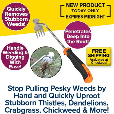 The Garden Weed Remover Tool, featuring a black and orange handle, easily pulls stubborn weeds and penetrates deep roots. Its ergonomic design is shown in use. Enjoy free shipping and a new product promotion.