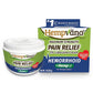Hempvana Hemorrhoid, featuring 5% lidocaine and hemp seed oil, is a maximum strength hemorrhoid relief cream displayed in a white jar with blue, green, and yellow box packaging. The product highlights powerful pain relief, moisturizing benefits, and safety for individuals with high blood pressure.