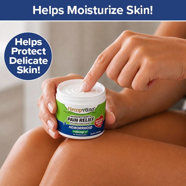 A person dips a finger into a jar of Hempvana Hemorrhoid cream infused with hemp seed oil, with text reading Helps Moisturize Skin! and Helps Protect Delicate Skin! visible in the image.