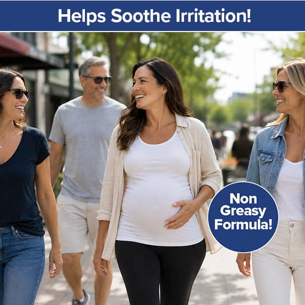 A pregnant woman smiles while walking outdoors with three friends. The text says “Helps Soothe Irritation!” and “Non-Greasy Formula!” They appear happy, enjoying a sunny day together, thanks to the gentle comfort of Hempvana Hemorrhoid cream.