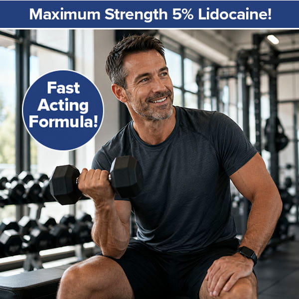 A man in workout clothes smiles while lifting a dumbbell at a gym. Text reads: Maximum Strength 5% Lidocaine! and Fast Acting Formula! Experience powerful relief from hemorrhoids with Hempvana Hemorrhoid, featuring advanced lidocaine and soothing hemp seed oil for ultimate comfort.