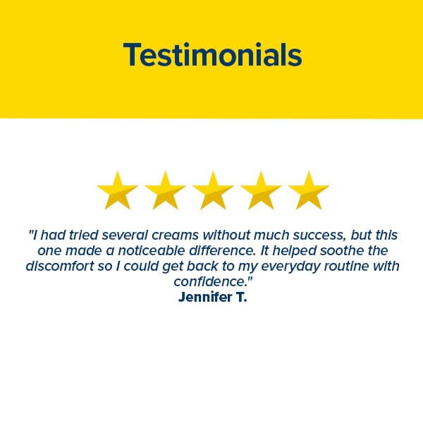 Yellow banner with "Testimonials" text, five gold stars, and a customer review from Jennifer T. about how Hempvana Hemorrhoid cream with hemp seed oil helped relieve her discomfort and boosted her confidence.