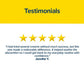 Yellow banner with "Testimonials" text, five gold stars, and a customer review from Jennifer T. about how Hempvana Hemorrhoid cream with hemp seed oil helped relieve her discomfort and boosted her confidence.