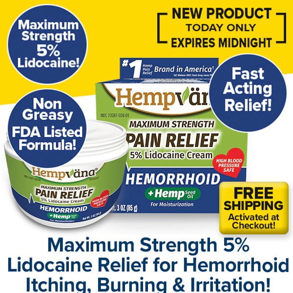 Experience the power of Hempvana Hemorrhoid, a maximum strength 5% lidocaine cream that delivers fast-acting, non-greasy relief. This FDA-listed formula is enhanced with soothing hemp seed oil for added comfort. Enjoy free shipping and take advantage of our special new product offer on this advanced hemorrhoid relief cream!.