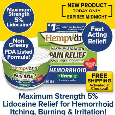 Experience the power of Hempvana Hemorrhoid, a maximum strength 5% lidocaine cream that delivers fast-acting, non-greasy relief. This FDA-listed formula is enhanced with soothing hemp seed oil for added comfort. Enjoy free shipping and take advantage of our special new product offer on this advanced hemorrhoid relief cream!.