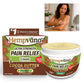 A woman applies cream to her arm. In the foreground are a box and jar of Hempvana Cocoa Butter, featuring hemp seed oil and labeled for pain relief and moisture.