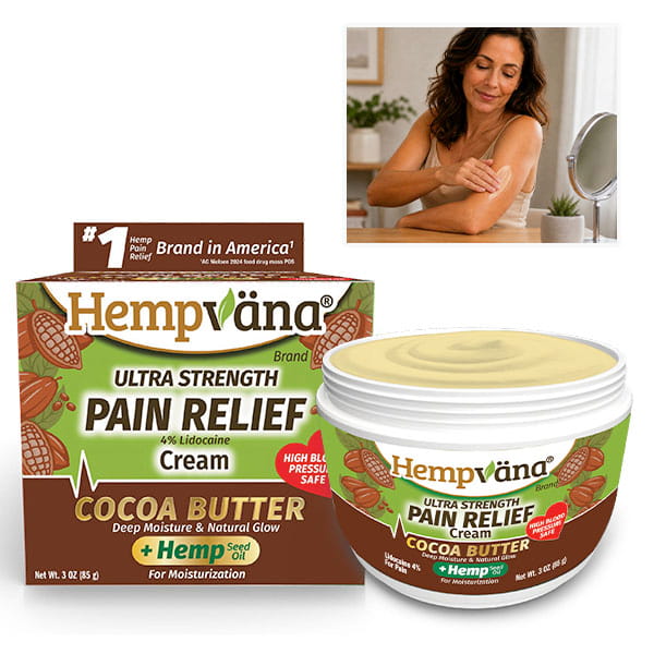 A woman applies cream to her arm. In the foreground are a box and jar of Hempvana Cocoa Butter, featuring hemp seed oil and labeled for pain relief and moisture.
