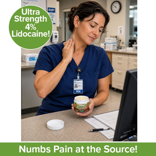 A nurse in blue scrubs applies Hempvana Cocoa Butter to her neck in a medical office. Text reads: Ultra Strength 4% Lidocaine! Numbs Pain at the Source! This powerful pain relief cream, Hempvana Cocoa Butter, is shown in an open jar on the desk near paperwork and a computer.