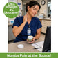 A nurse in blue scrubs applies Hempvana Cocoa Butter to her neck in a medical office. Text reads: Ultra Strength 4% Lidocaine! Numbs Pain at the Source! This powerful pain relief cream, Hempvana Cocoa Butter, is shown in an open jar on the desk near paperwork and a computer.