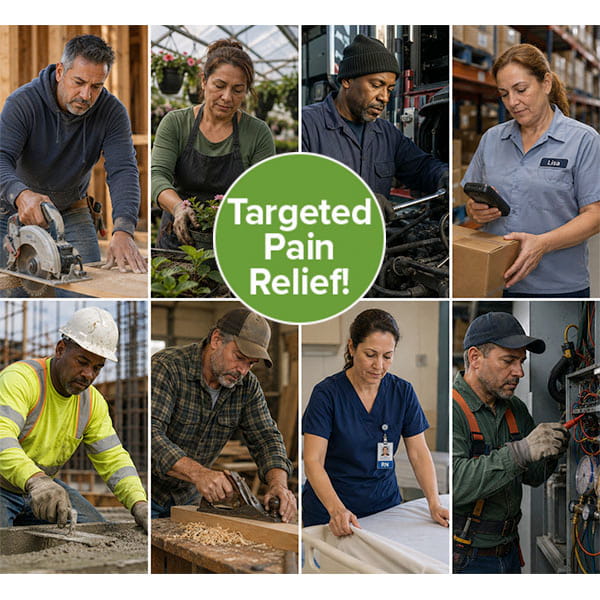 Collage of eight workers in a variety of professions—construction, gardening, warehouse, healthcare—surrounding a green circle with “Targeted Pain Relief!” in white text. Perfect for those seeking the benefits of Hempvana Cocoa Butter after a hard day’s work.