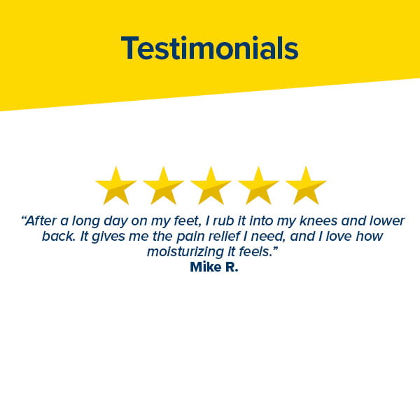 Testimonials: 5 yellow stars and a quote from Mike R. praising the pain relief and moisturizing effect after using Hempvana Cocoa Butter on his knees and lower back.