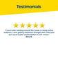 A testimonial image featuring bold “Testimonials” text, five yellow stars, and a review about Hempvana Cocoa Butter pain relief cream with soothing hemp seed oil by Gina R., set against a white background with a yellow stripe at the top.