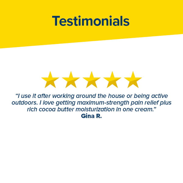 A testimonial image featuring bold “Testimonials” text, five yellow stars, and a review about Hempvana Cocoa Butter pain relief cream with soothing hemp seed oil by Gina R., set against a white background with a yellow stripe at the top.