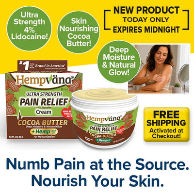 Create a promotional ad for Hempvana Cocoa Butter, a pain relief cream uniquely formulated with hemp seed oil and rich cocoa butter. Featuring 4% lidocaine to numb pain at the source, it delivers targeted comfort, deep hydration, and skin nourishment. Enjoy free shipping! Visual: A woman applies this lidocaine-infused cream to her arm. Text: Numb Pain at the Source. Nourish Your Skin.