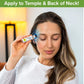 A woman applies the Hempvana Migraine Stick to her temple, eyes closed, with a green banner above that says, “Apply to Temple & Back of Neck!” A lamp is visible in the background. This natural formula contains soothing hemp seed oil for effective migraine relief.