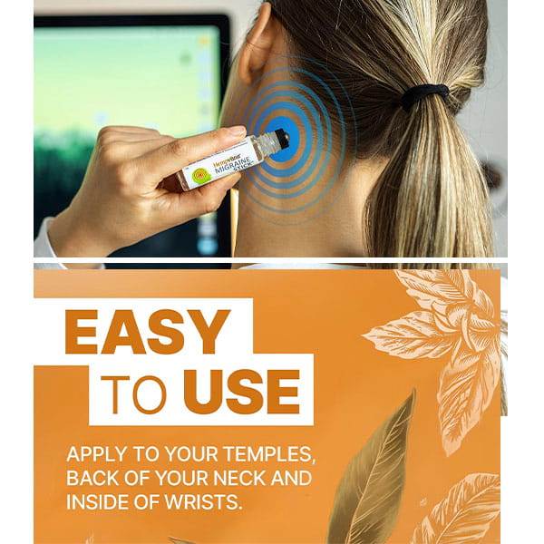 A woman applies a stick product behind her ear. Text reads: EASY TO USE. Apply Hempvana Migraine Stick—crafted with soothing hemp seed oil—to your temples, the back of your neck, and inside your wrists for targeted migraine relief. Decorative leaves appear on an orange background.