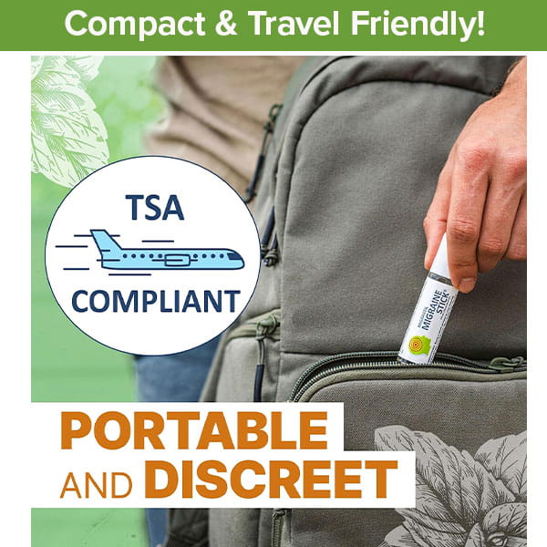 A person slides the Hempvana Migraine Stick into a backpack pocket, showing how easy it is to keep this migraine relief roll-on handy wherever you go. Text highlights its compact and travel-friendly design, TSA compliance, and portable, discreet convenience with an airplane graphic—so you can take hemp seed oil-powered migraine relief with you on every journey.