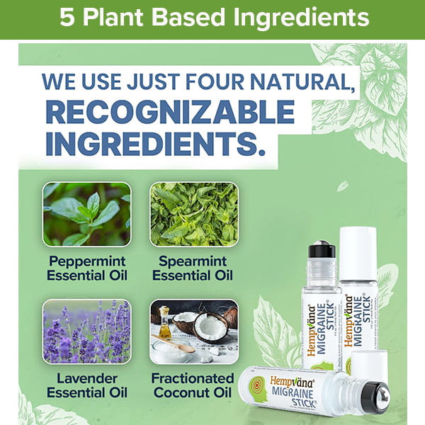 Image displaying four natural ingredients—peppermint oil, spearmint oil, lavender oil, and fractionated coconut oil—with text emphasizing that these are the only four recognizable, plant-based ingredients in the Hempvana Migraine Stick migraine relief roll-on.