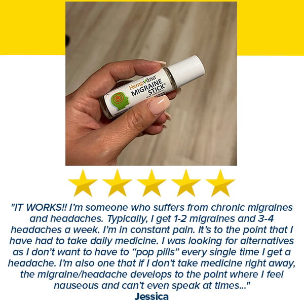 A hand holds the Hempvana Migraine Stick, a migraine relief roll-on featuring soothing hemp seed oil, displayed above a five-star graphic and a testimonial from Jessica praising its effectiveness for chronic migraines and headaches.
