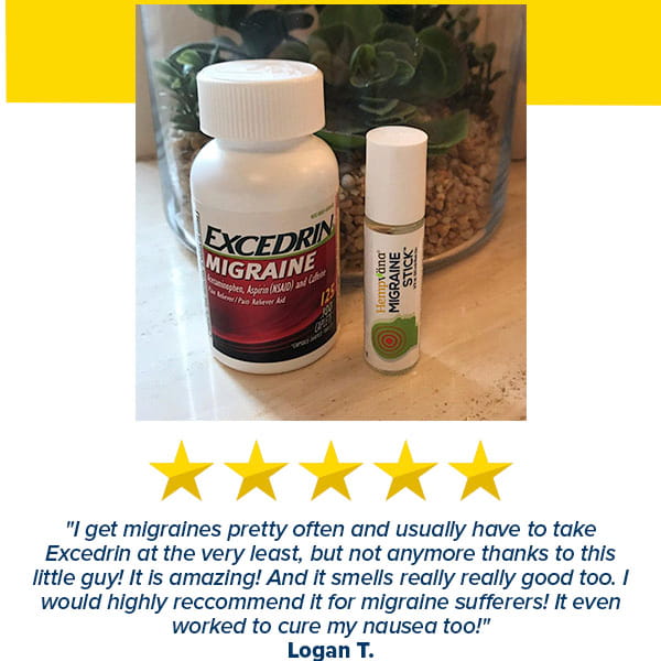 A bottle of Excedrin Migraine and a Hempvana Migraine Stick are on a counter with a plant in the background. The Hempvana Migraine Stick, a migraine relief roll-on infused with soothing hemp seed oil, is featured with a five-star review below praising its effectiveness for headaches and nausea.