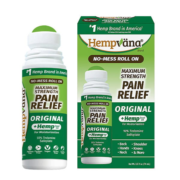 Hempvana Original Roll-On in a no-mess bottle and box, featuring green and white packaging with product information and claims of fast-acting pain relief for back, shoulders, knees, and hands using a powerful topical analgesic formula.